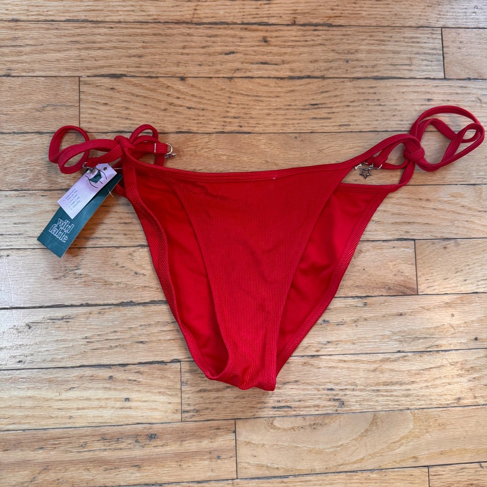 Wild Fable Red Shiny Ribbed Bikini Bottom Side Tie Star Charm XS Low Rise Cheeky